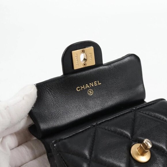 CHANEL Matelasse Chain Pouch Shoulder Bag Lamb Skin Black Gold CC Auth BD2191M - Picture 11 of 16